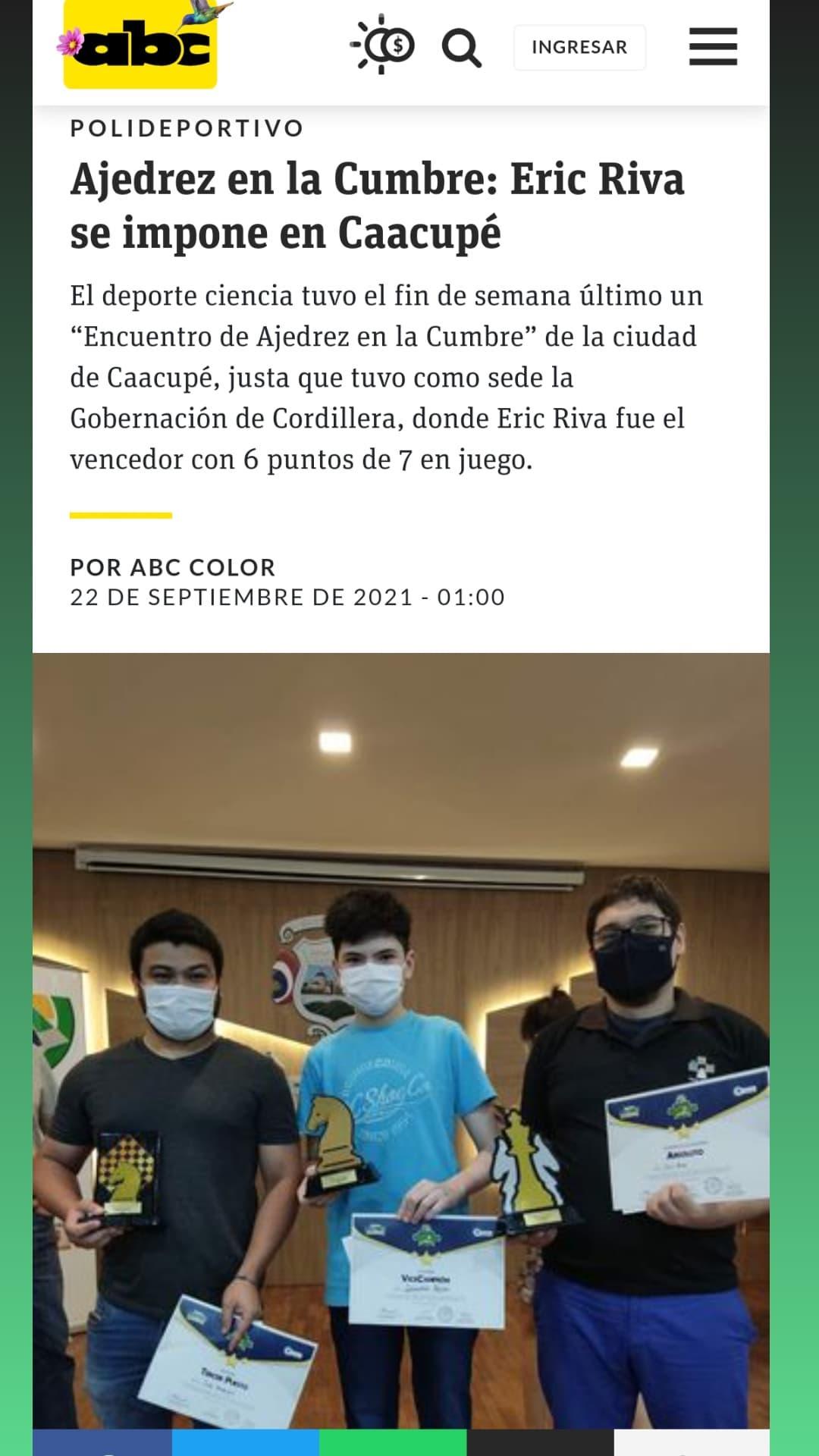 Post de ABC Color anunciando a Eric Riva campeón en Caacupé
